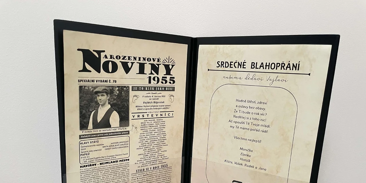 Narozeninové noviny v PVC složce vytištěné na dekorativním papíru A4, oboustranně
