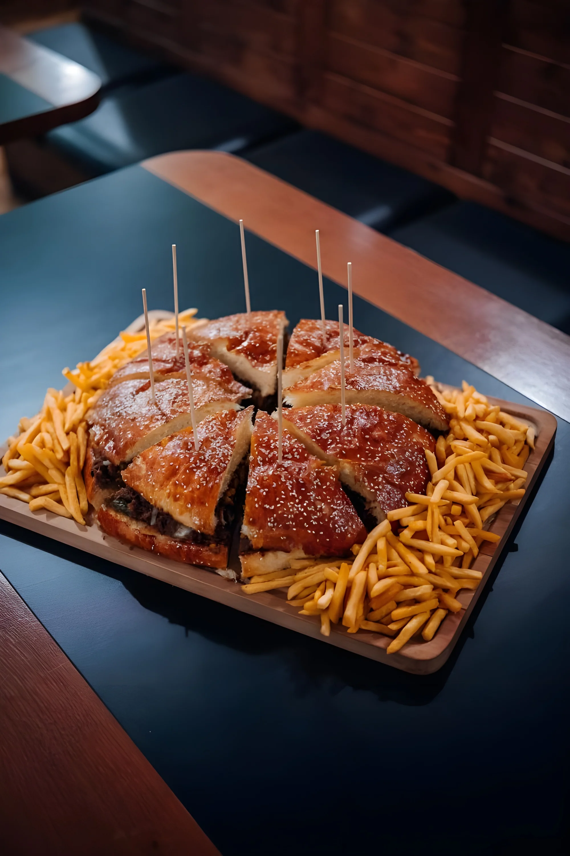 Mega burger pro partu cca 4-12 osob: mleté hovězí nebo trhané vepřové i nálož hranolek