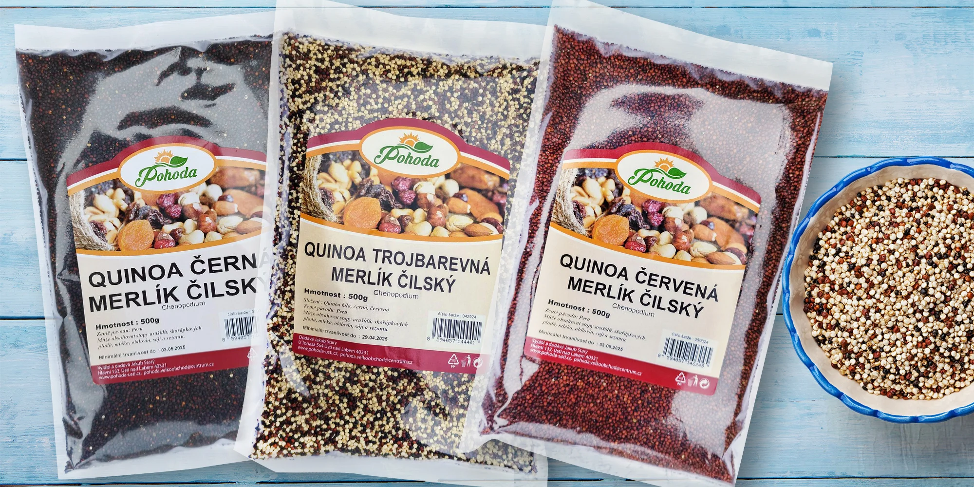 500 g nebo 1 kg quinoy: černá, bílá i červená