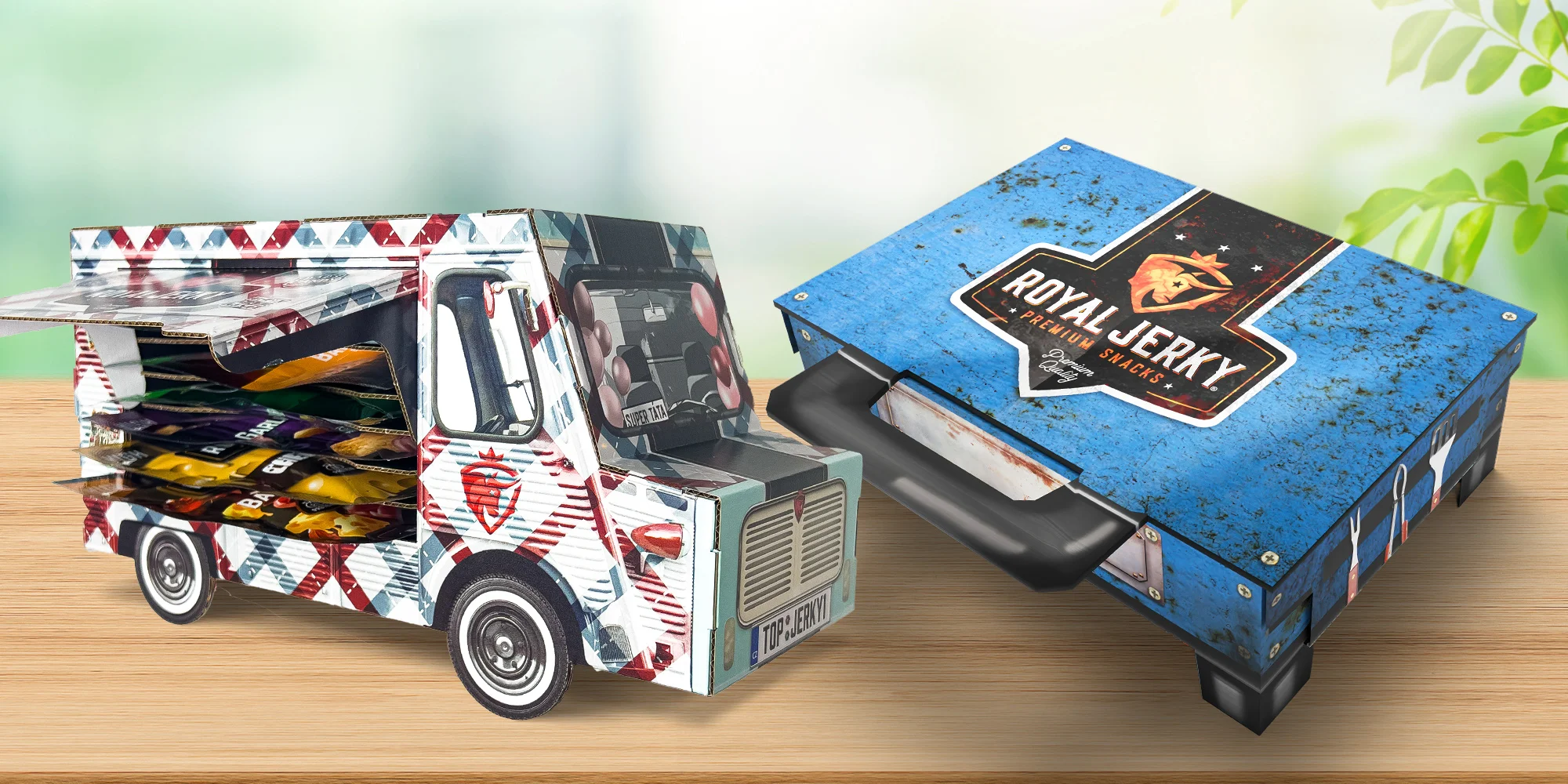 Kartonový food truck nebo gril plný Royal Jerky