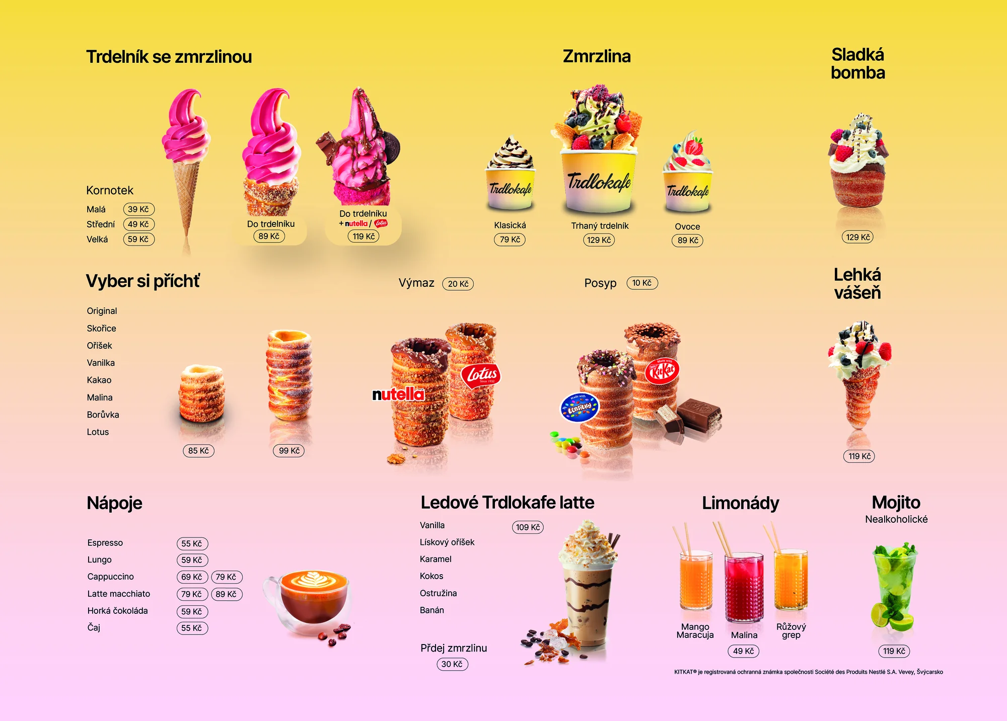 Velký trdelník: příchuť dle výběru, nutella, zmrzlina i ledová káva nebo cappuccino