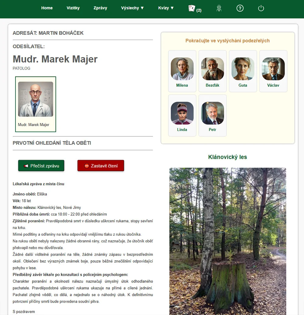 Online detektivní hra: Vražda talentované běžkyně, vč. výslechů a analýzy stop