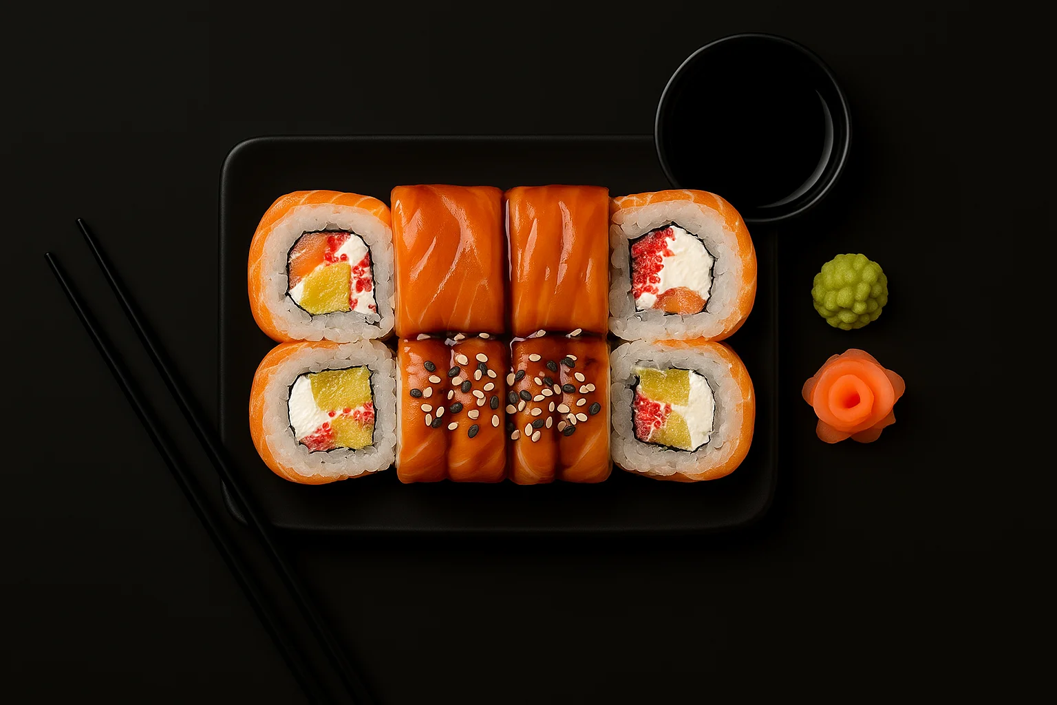 Rozmanité sushi sety s 24-64 kousky, miso či tom yum polévkou, edamame i limonádou