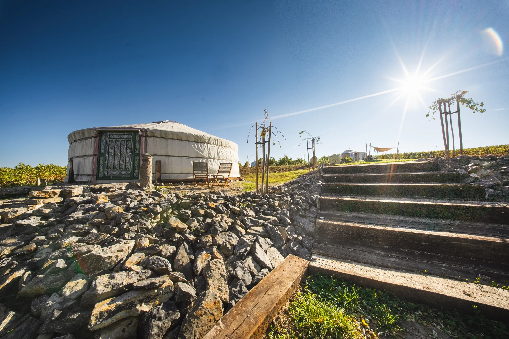 Pobyt na jižní Moravě: vybavené jurty uprostřed vinice s terasou a ohništěm