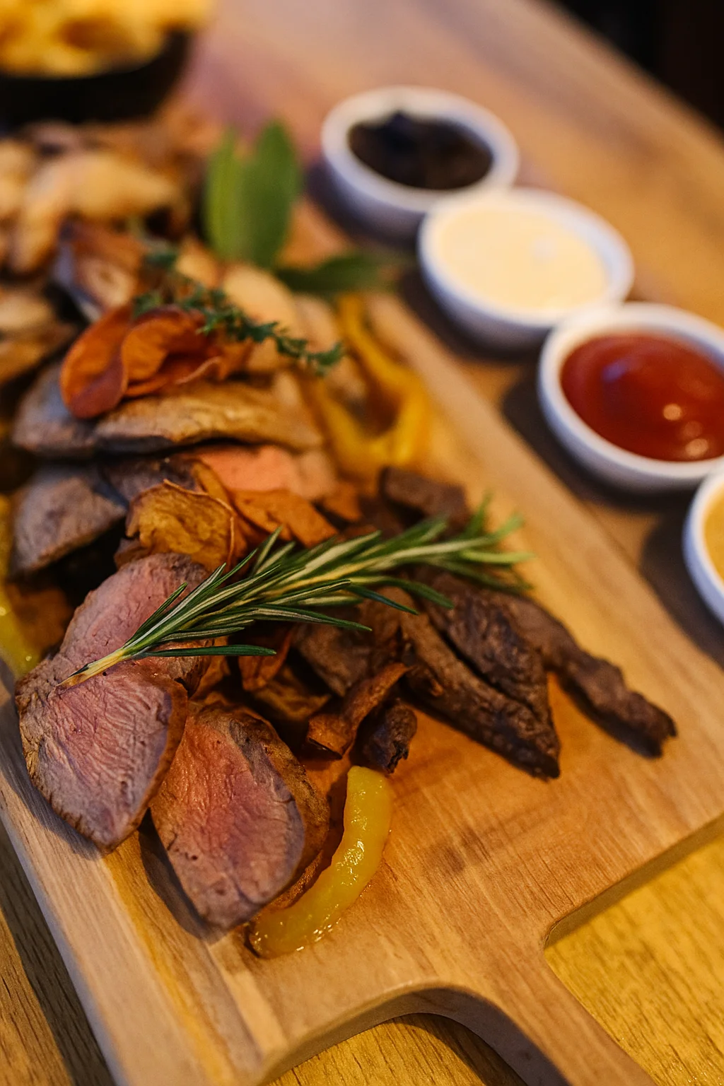 Masové prkno pro 2-4 osoby: steaky, kilo kolene, přílohy i omáčky