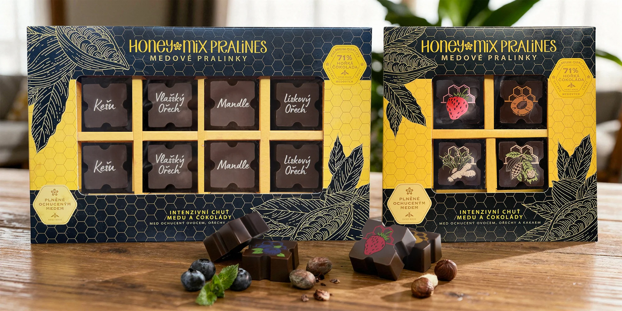 Medové pralinky: citron a máta, oříšek i borůvka