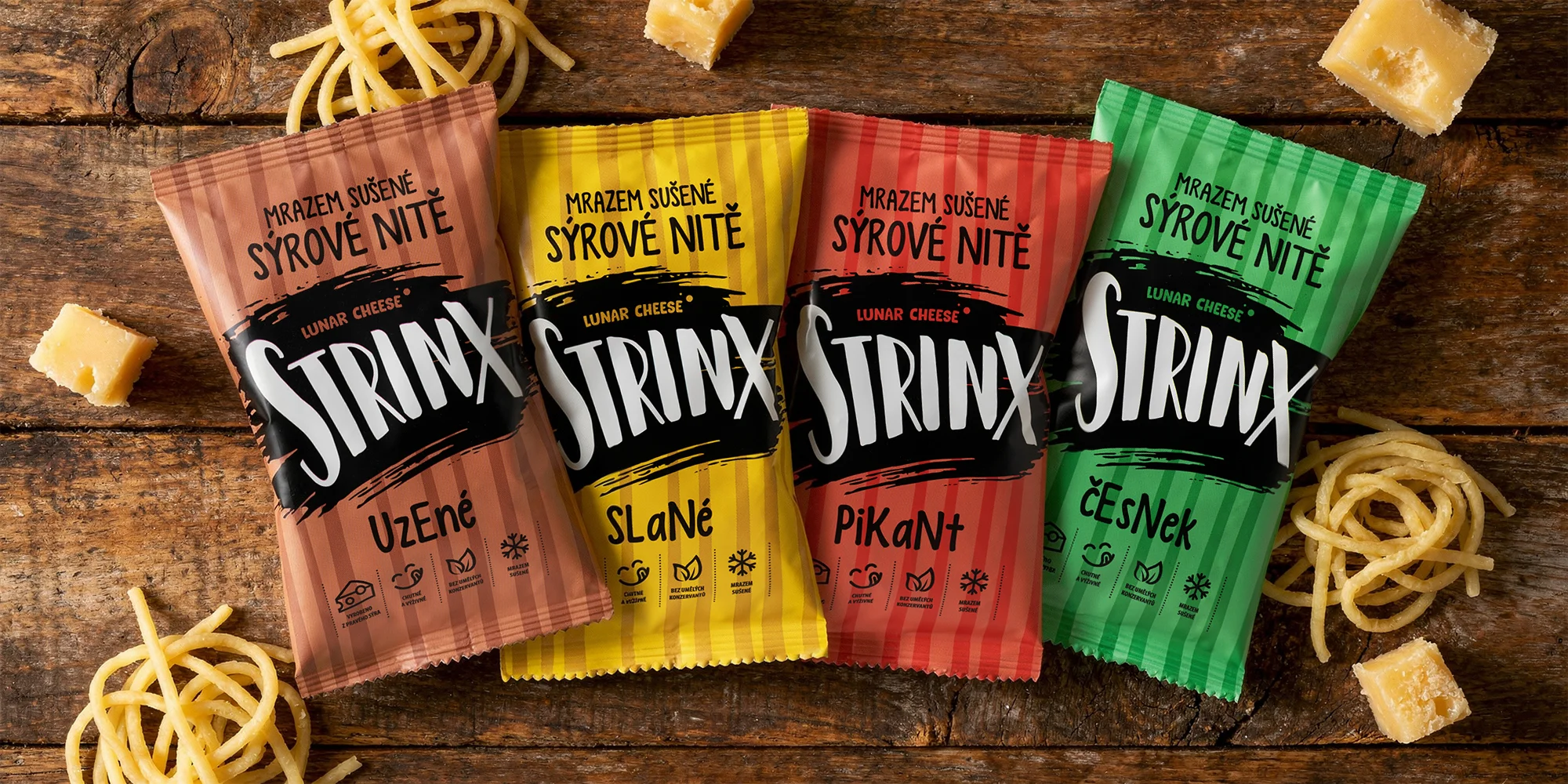 Mrazem sušené sýrové nitě: slané, pikantní, česnekové i mix