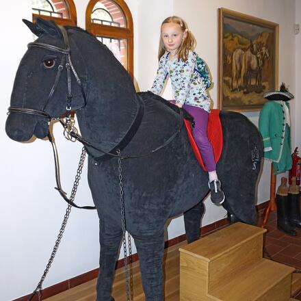 Velkým lákadlem je například model koně v životní velikosti, na který se můžete posadit, vyzkoušet si uzdění či jeho osedlání a zkusíte si tu i řídit koňský povoz.
