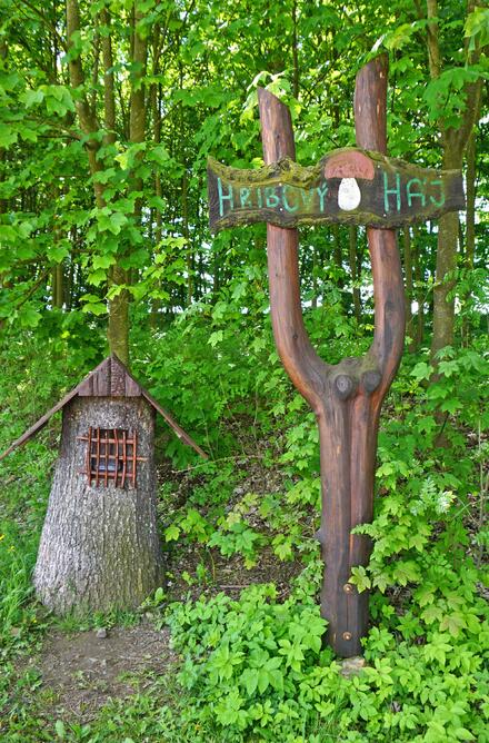 V obci Kněževes najdete Hřibový háj, ve kterém se nachází krátká naučná stezka plná dřevěných hub.
