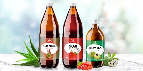Doplňky stravy: šťávy 
z aloe, goji i gravioly