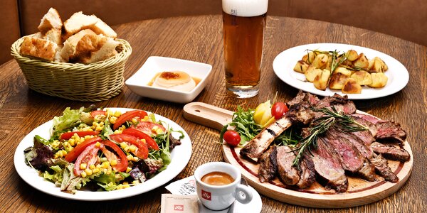 Kilový steak, focaccia, panna 
cotta a pivo pro dva