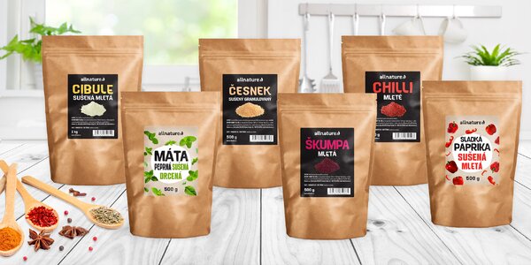 Půlkilové a kilové balíčky 
koření: kmín, kari i chilli