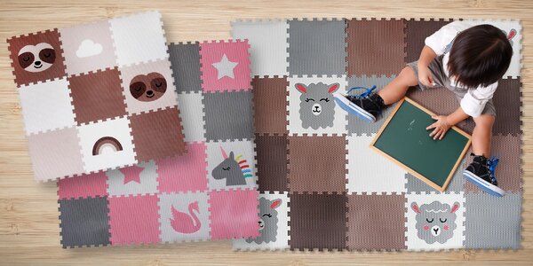 Podlaha z puzzlů: zvířátka 
nebo auta, 9 až 20 dílů