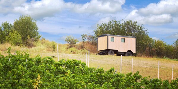 Glamping v maringotce 
na vinicích, vč. lahve vína