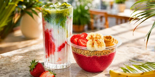 Protein Strawberry Bowl a jahodové nebo mangové Matcha Latte ve Fruitisimo