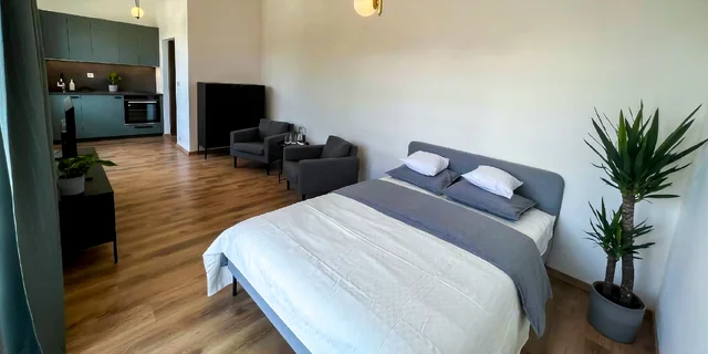 Moderný apartmán pre dvoch v Piešťanoch: kuchyňa, práčka aj balkón