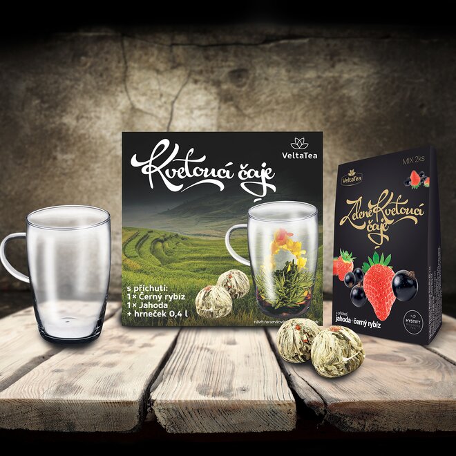 Set 2 prémiových kvetoucích čajů Blooming Tea s hrnečkem (černé balení)