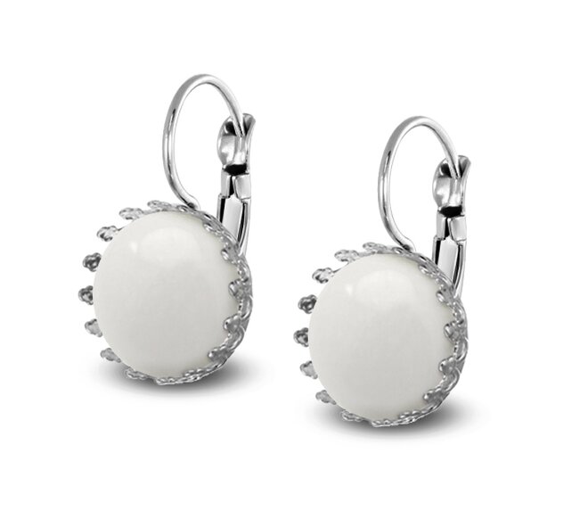 Ocelové náušnice Gemstone Crown - bílý jadeit