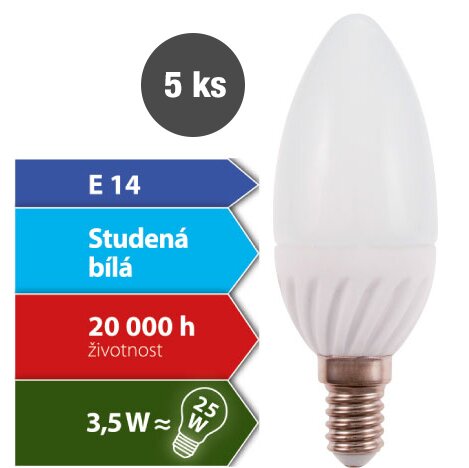5 žárovek Kapka; 3,5 W – 280 lm; Studená bílá; závit E14; Keramický chladič