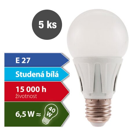 5 žárovek Luna; 6,5 W – 480 lm; Studená bílá; závit E27