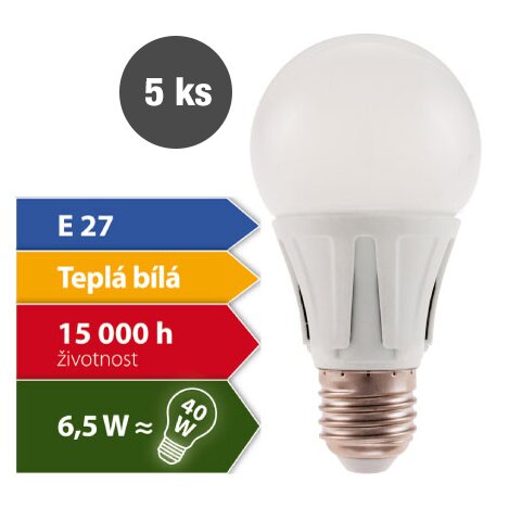 5 žárovek Luna; 6,5 W – 480 lm; Teplá bílá