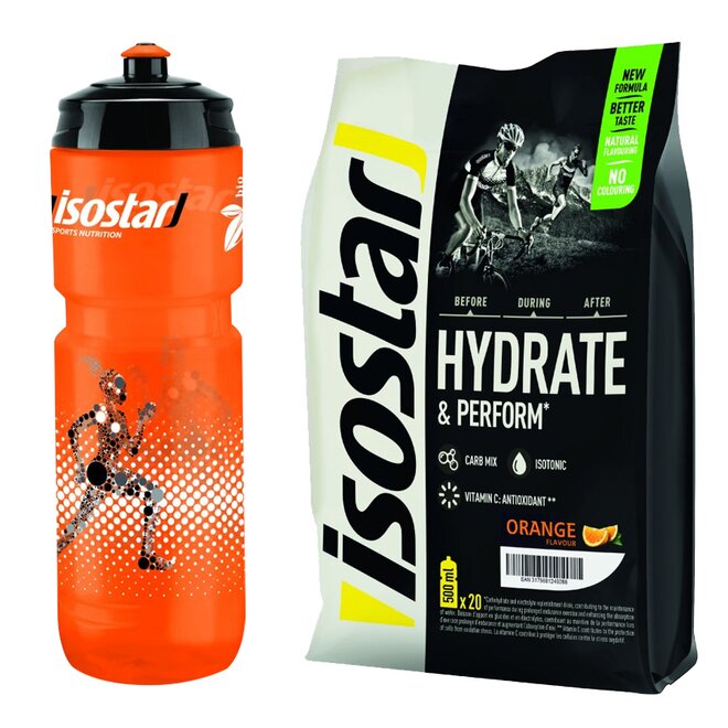 Nápoj Hydrate Perform (pomeranč), 800 g + Isostar sportovní bidon (oranžový), 800 ml