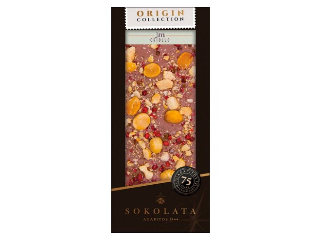 JAVA mléčná čokoláda s ořechy macadamia, růžovým pepřem a skořicí, 100 g