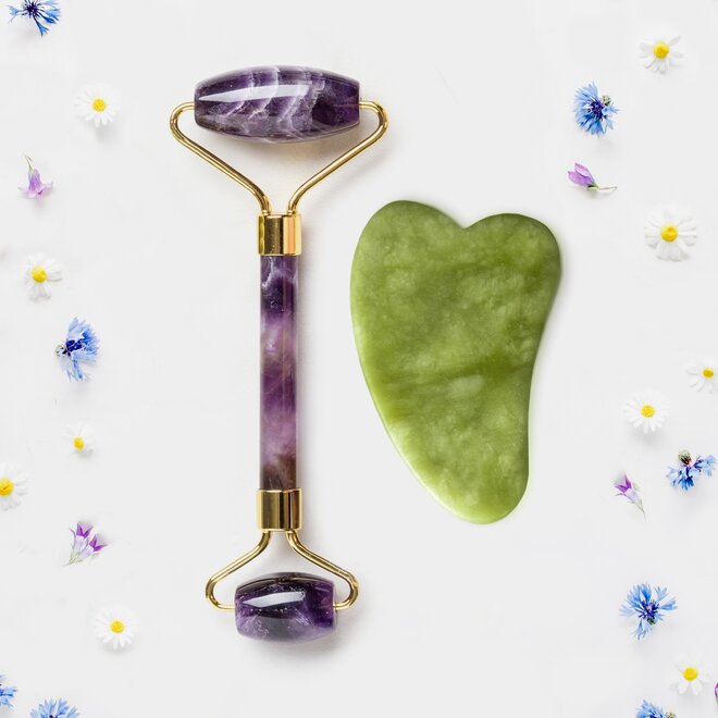 Ametyst váleček + jadeit gua sha