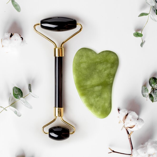 Obsidián váleček + jadeit gua sha