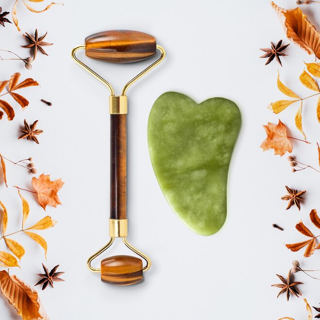 Tygří oko váleček + jadeit gua sha
