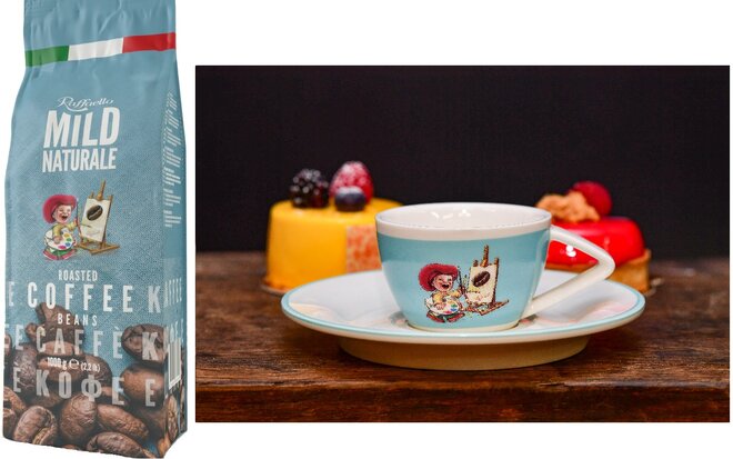 Zrnková káva Blend Raffaello Mild se šálkem Light Blue (80 ml)