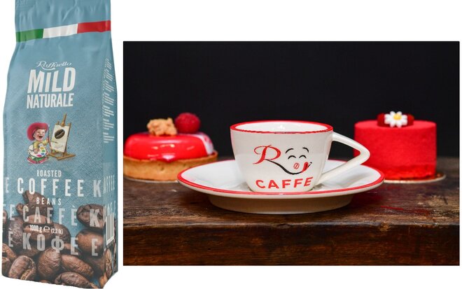 Zrnková káva Blend Raffaello Mild se šálkem Platinum (80 ml)