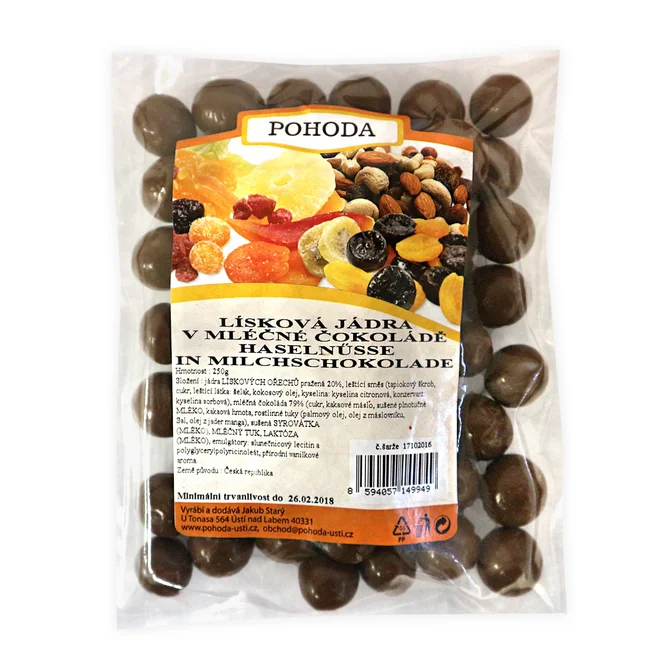 Lísková jádra v mléčné čokoládě, 250 g