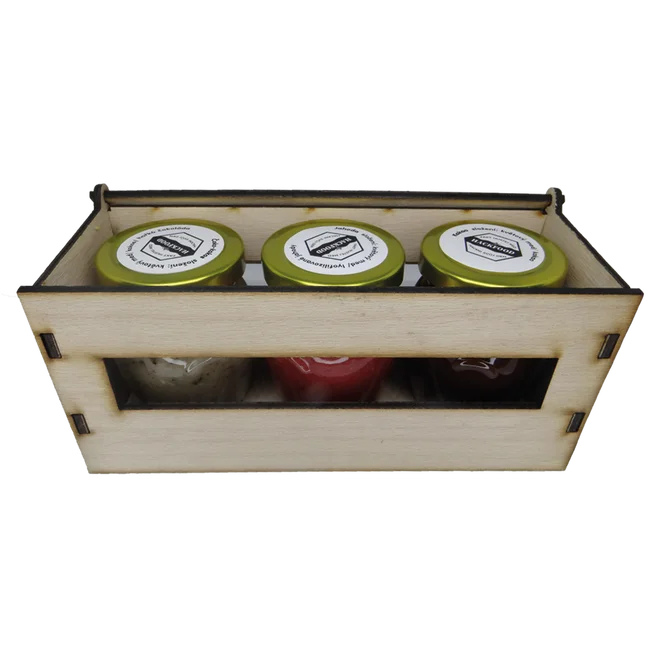 Balíček medů v dřevěné krabičce - skořice, borůvka, malina (3x 165 g)
