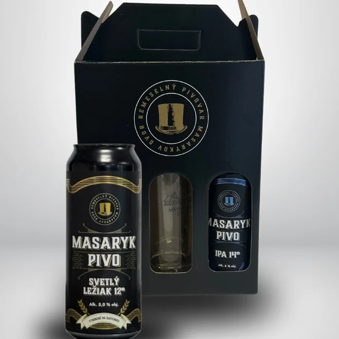 2 x 0,5 l Degustačný balíček pív + pohár s logom Masaryk v darčekovom balení