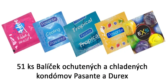 51 ks Balíček ochutených a chladených kondómov Pasante a Durex