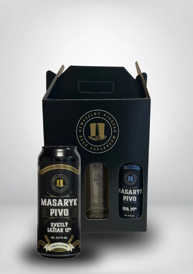 2 x 0,5 l Degustačný balíček pív + pohár s logom Masaryk v darčekovom balení