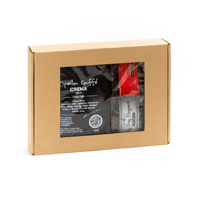3-dielny Darčekový balíček kávy a čajov (Crema Blend+ovocný čaj+čierny čaj)