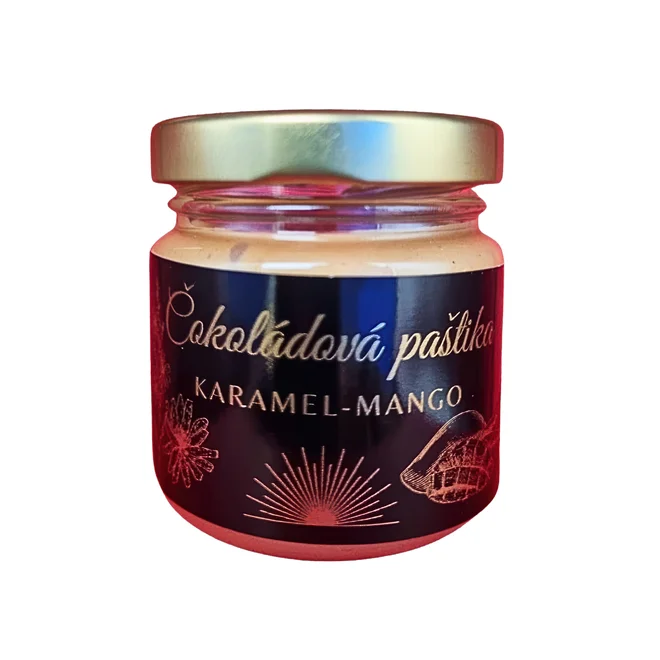 Čokoládová paštika karamelová 30,4 % s mangem a čekankovým sirupem, 100 g