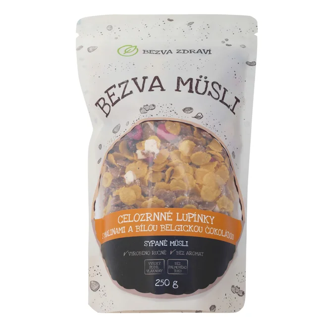Celozrnné lupínky s malinami a bílou čokoládou (250 g)
