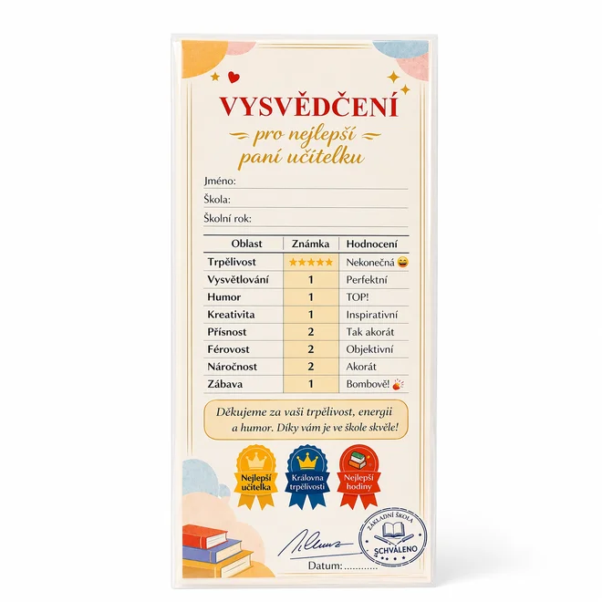 Dárková mléčná čokoláda - Vysvědčení pro paní učitelku, 100 g