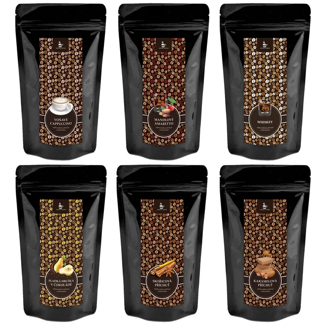 6 káv: cappuccino, mandlové amareto, whiskey, hruška v čokoládě, skořicová, karamelová