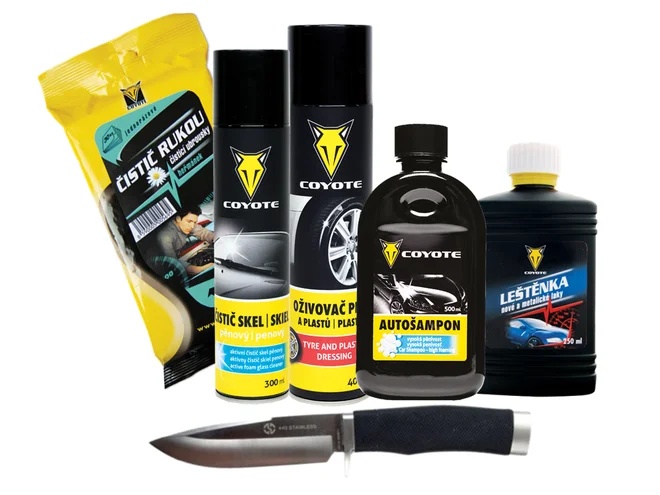 Balíček autokosmetiky Coyote na čištění exteriéru s pevným outdoorovým nožem v pouzdře