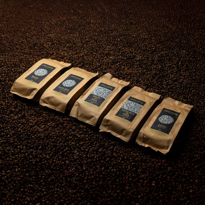 Set 4 (Brazílie / Kostarika / Keňa / Brazílie + Indie / Kostarika + Indie), 5× 200 g