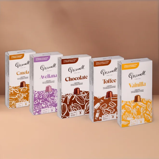 5 x 10 ks Ochutené nespresso kapsule "GRANELL" (čoko+vanilka+oriešok+škorica+toffee)