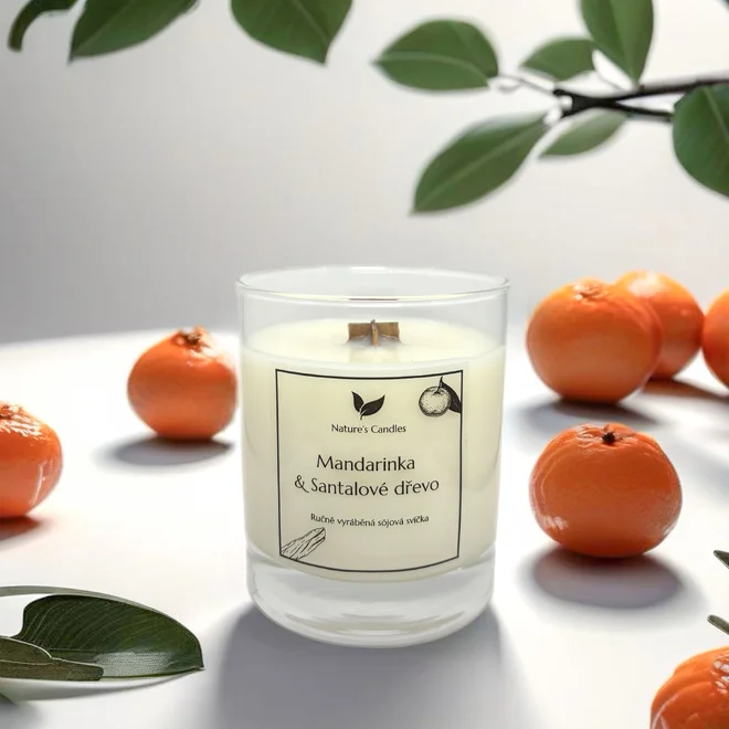 180 g Handmade sójová sviečka s dreveným knôtom "Mandarínka & Santalové drevo"