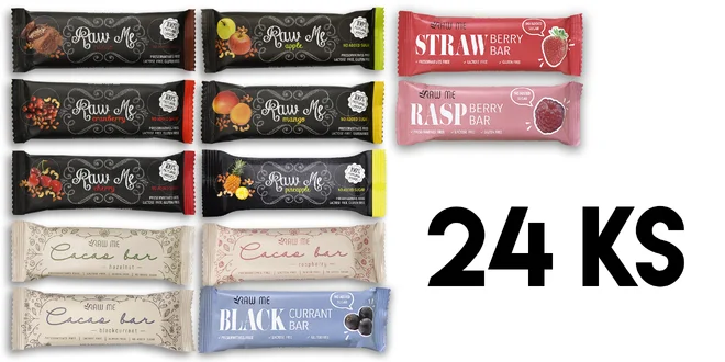 24 ks Balenie raw ovocných a kakaových tyčiniek značky Raw me (MIX 12 príchutí)