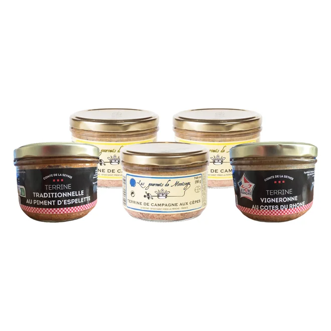 5 x 180 g Balenie francúzskych paštét (s vínom+sedliacka+pečeňová+sedliac. s hríbami+sedliac. s gaštanmi)