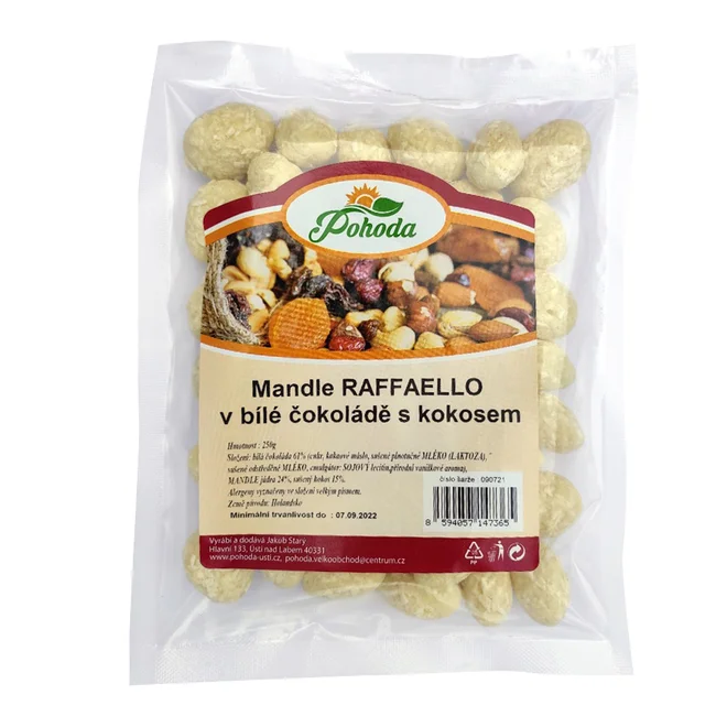 Mandle raffaello v bílé čokoládě s kokosem, 250 g