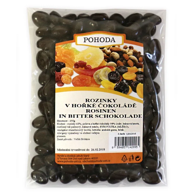 Rozinky v hořké čokoládě, 250 g